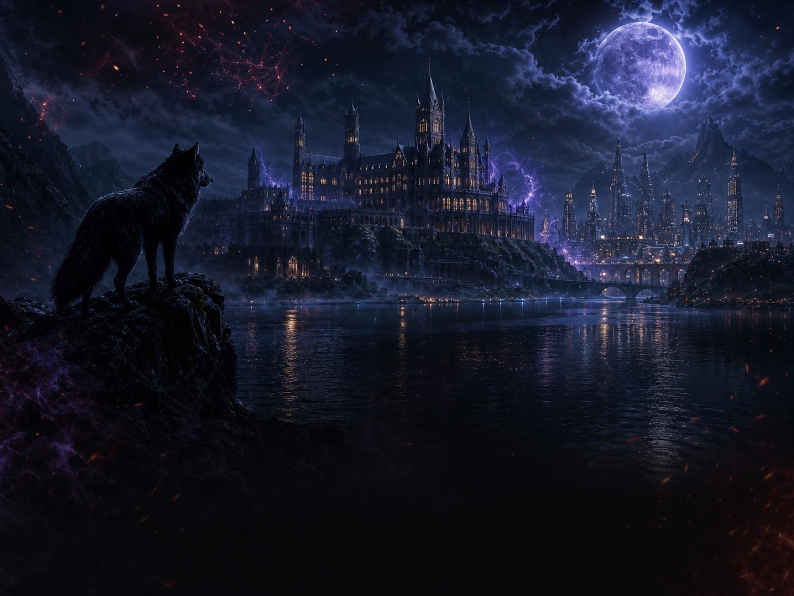 Supernatural academy, moonlit city, and wolf overlooking the World of Azar