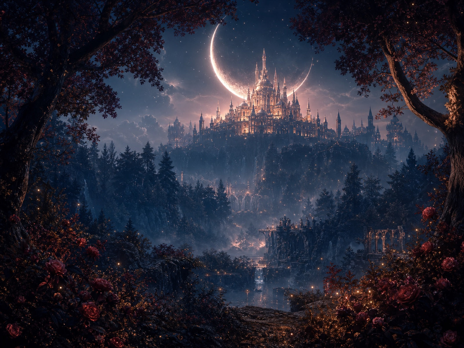Moonlit fae palace and rose-filled forest in the Realm of Crescentia